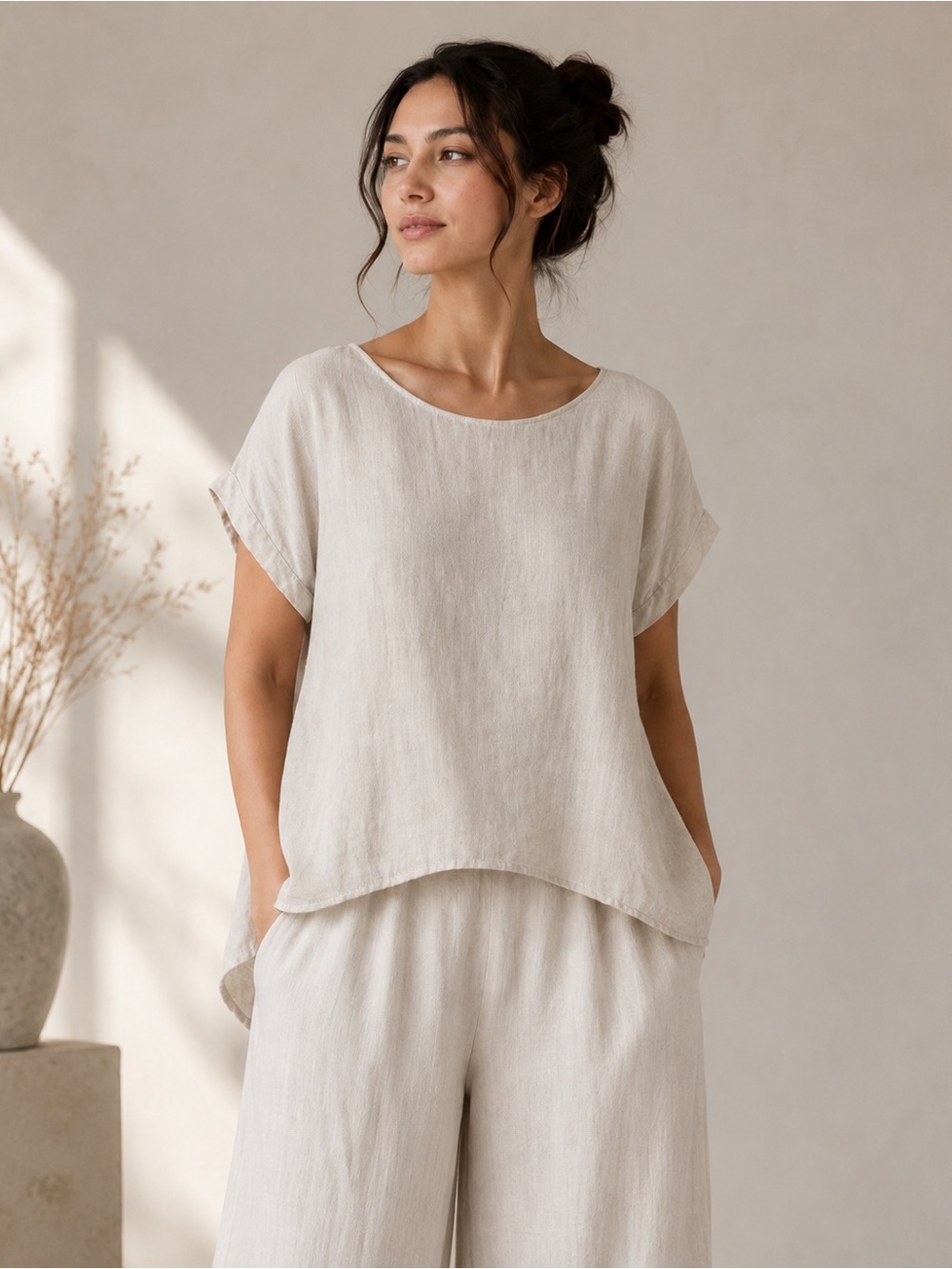Linen Blend Oversized Short Sleeve Blouse Beige Button Back S Italian Linen Top